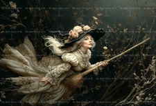 FLYING WITCH BROOM ART PRINT, Halloween Decor, Witchy Poster, Cottagecore E749