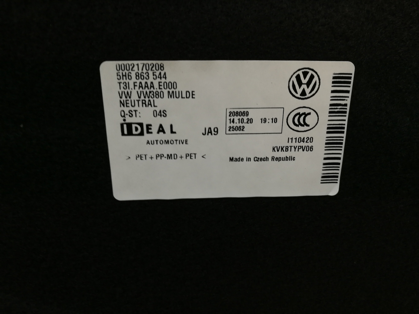 Volkswagen Golf Mk8 Hatchback Spare Wheel Trunk Floor Carpet 