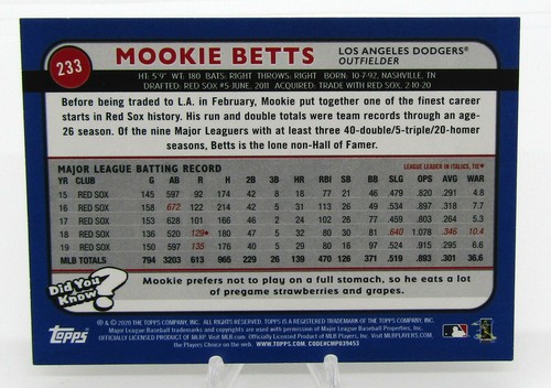 Topps 2020 Big League Mookie Betts Los Angeles Dodgers #233 - Picture 2 of 2