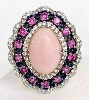 HSN Colleen Lopez Sterling Silver Pink Opal, Rhodolite & White Topaz Ring Size 9