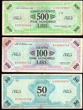 ALLIED MILITARY AM LIRE OCCUPAZIONE AMERICANA INGLESE ITALIANO 500 100 50