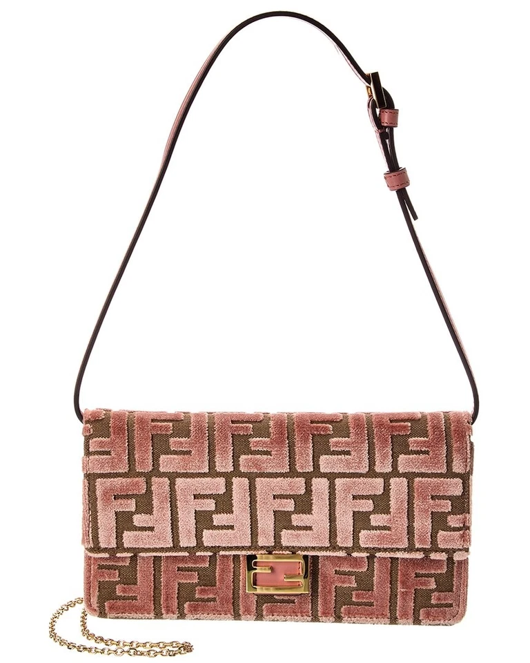 Cartera Fendi Baguette Ff de terciopelo y cuero con cadena para mujer rosa