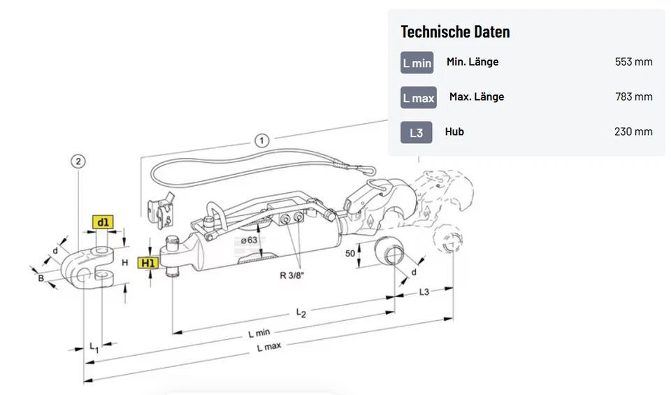 Walterscheid Hydraulischer Oberlenker Haken mit Kugel Kat.2, Ø63mm - Bild 3 von 3