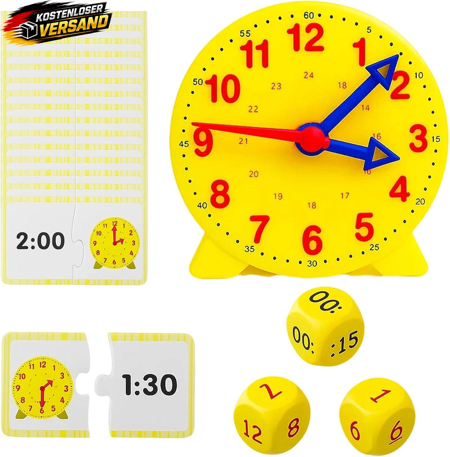 Lernuhr Set für Grundschule - Uhr, Würfel & Karten, fördert Zeitverständnis