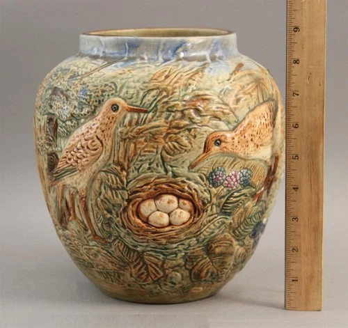 Antique Arts & Crafts WELLER Art Pottery GLENDALE Vase Planter Birds Eggs & Nest