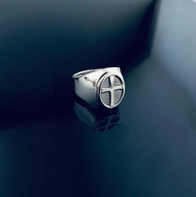 Handmade Men's Cross Holy Easter Ring 14K White Gold Plated 925 Sterling Silver