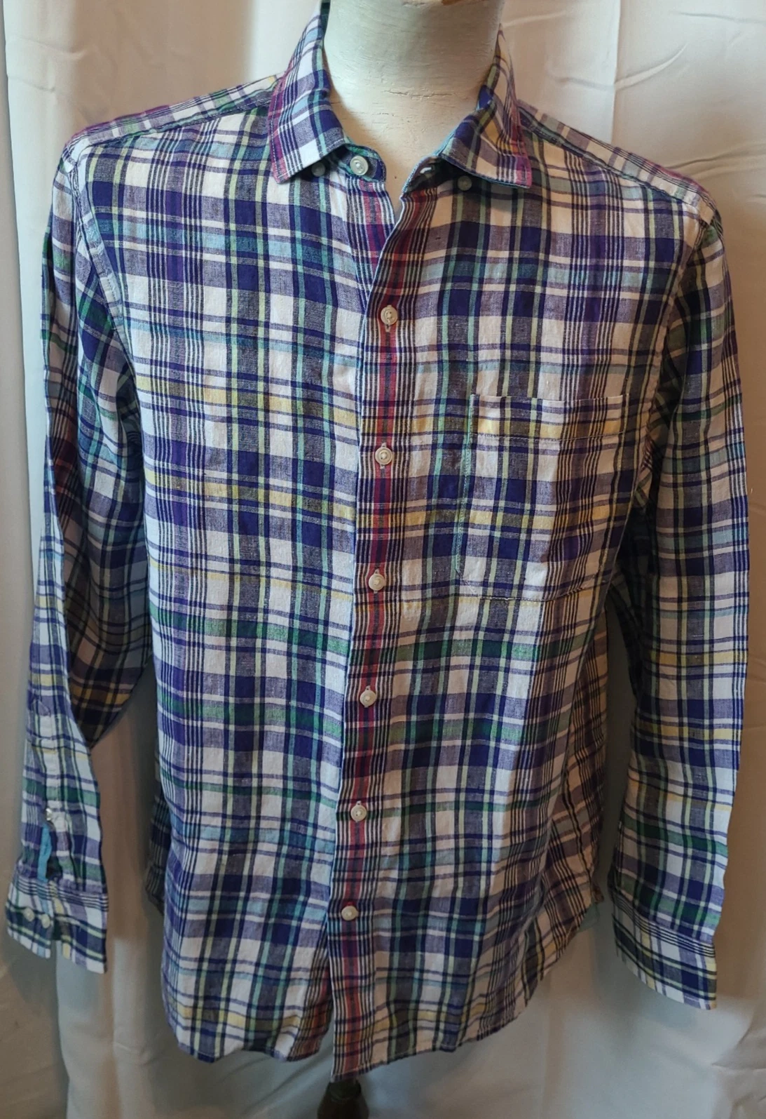 Men's Tommy Bahama long sleeve 100% Linen shirt - M - Check button collar