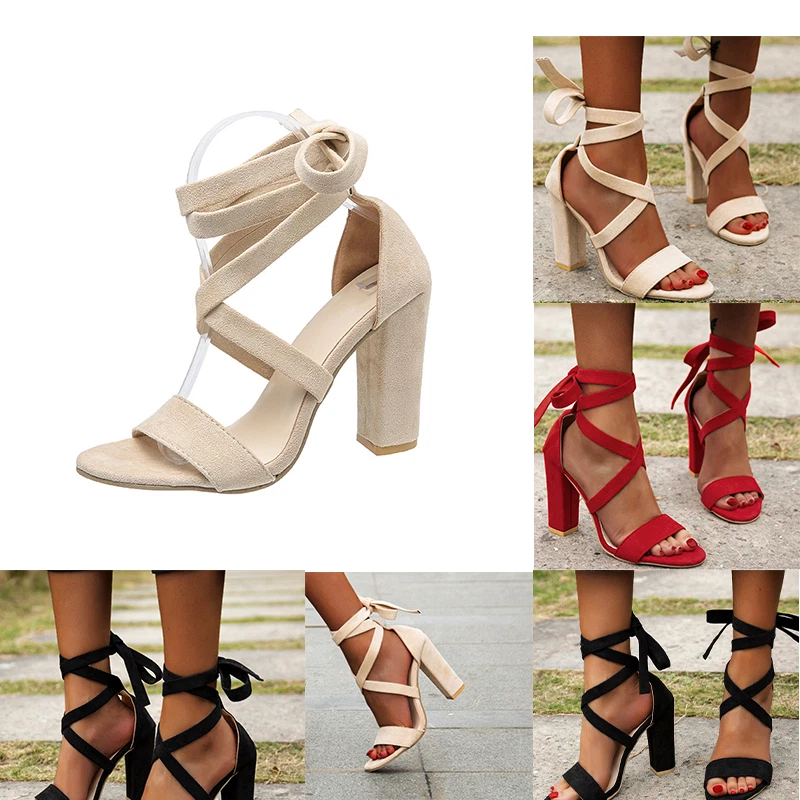 Women's Sandals High Chunky Heel Ankle Strap Faux Suede Peep Toe Lace Up Shoes - Image 2 of 4