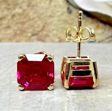 3Ct Asscher Cut Lab Created Red Ruby Women's Stud Earring 14K Yellow Gold Plated