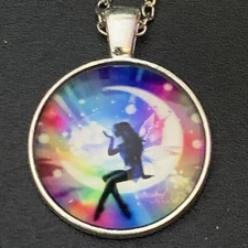 Fairy On Crescent Moon 1” Glass Cabochon Silver Pendant 18” Necklace Jewelry New