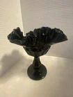 Vintage Fenton Black Thumbprint Ruffled MCM Glass Compote