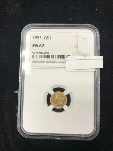 1853 Gold Dollar Coin NGC Slab Liberty Head .900 Gold 22kt UNC MS62