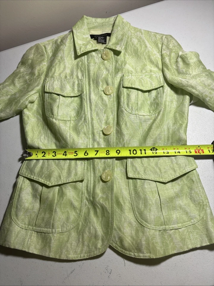 Chaqueta de traje Etcetera verde mezcla de lino para mujer talla 2 botones y cremallera floral Foto 4 de 4