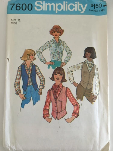 Simplicity Sewing Pattern 7600 Vintage Misses Shirt Vest Ascot Size 12 Uncut