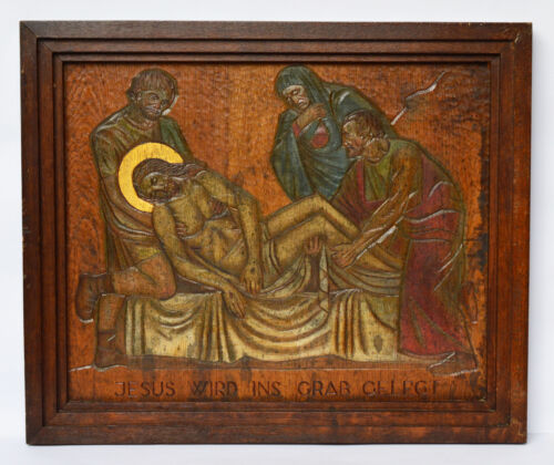 Kreuzwegstation Holz Eiche handbemalt um 1920 Jesus Christus Grab 61 x 51 cm - Bild 1 von 2