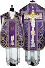 Fiddleback CHASUBLE purple Roman,5psc vestment, Stole Chalice Veil,Maniple,Burse