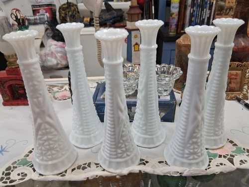 LOT OF 6 VINTAGE 9" ANCHOR HOCKING MILK GLASS STARS N BARS FLOWER BUD VASES