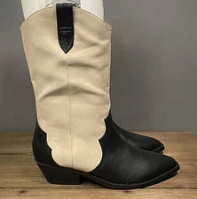 Dolce Vita Women's Korbella Western Boots Size 9 Cream Black Cowboy Mid Calf