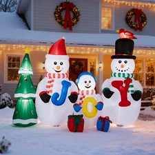 8FT 3-Snowmans JOY&Xmas Tree Christmas Inflatable Decorations w/ LEDs Lights NEW