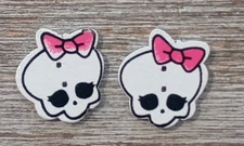 2 Skull Sewing Buttons Crafting w/Purple Bow Flat Wood 2 Holes .75"