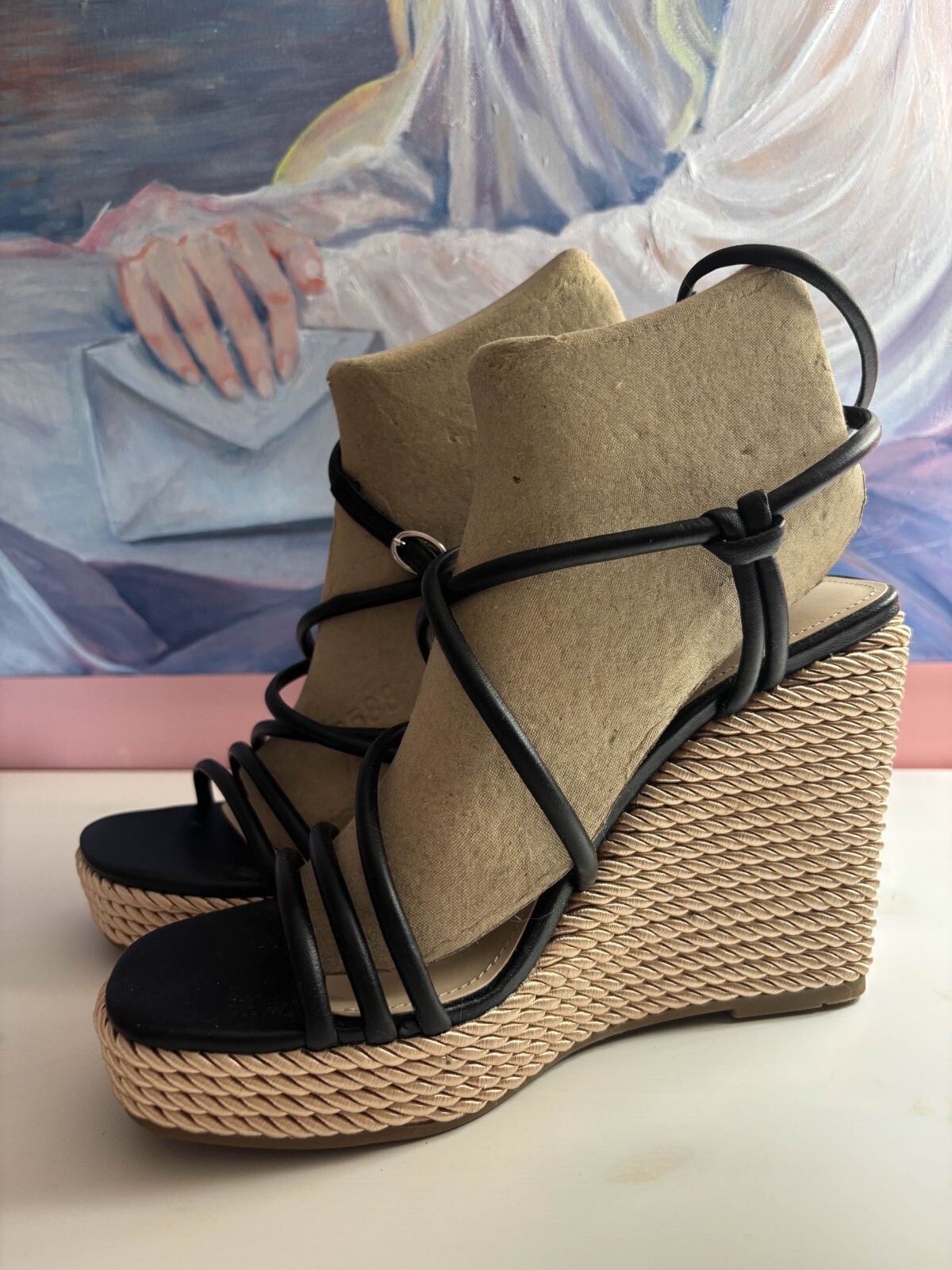 APL Scarpa donna Marc Fisher taglia 7M nera pelle punta aperta zeppa sandalo tacco alto