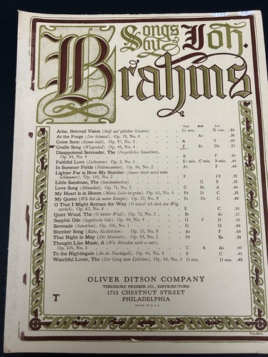 1977 Brahms Songs Sheet Music Book By Oliver Ditson Co. Piano & Voice Vintage