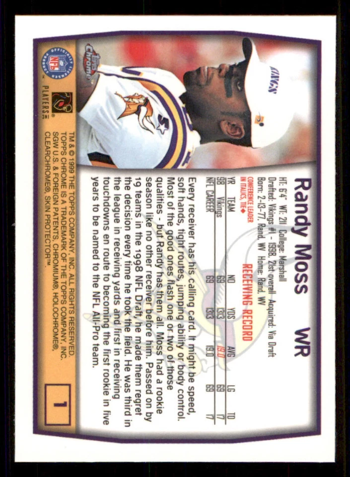 1999 Topps Chrome #1 Randy Moss - Image 2 of 2
