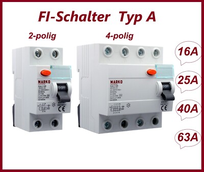 FI-Schalter 16A 25A 40A 63A Fehlerstromschutzschalter RCD 2,4-polig 30 100 300mA