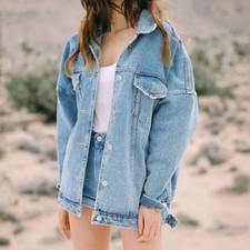 Ladies Denim Jacket Long Sleeve Casual Loose Retro Coat Spring Autumn Tops Blue