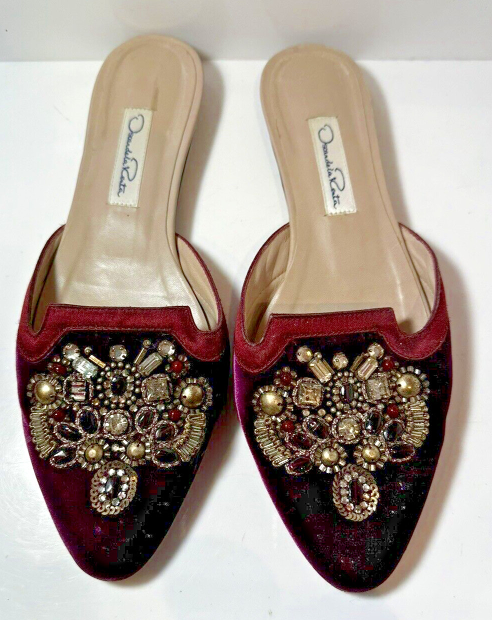 Mujer Oscar de la Renta Bordado Granate Joyería Terciopelo US8 Eur 38 Zapatos
