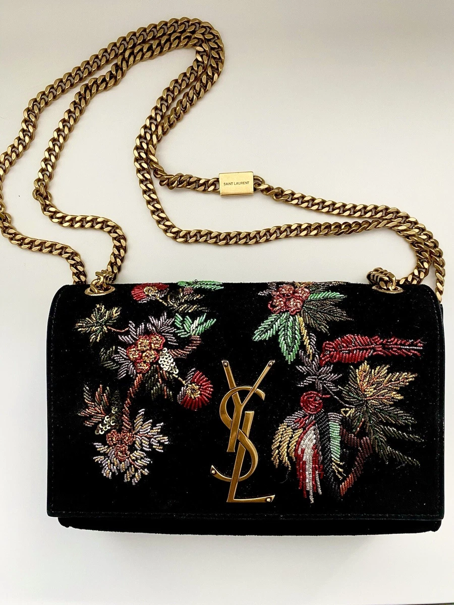 NWT Saint Laurent YSL Monogram Small Kate Chain Bag Black Suede Embroidered