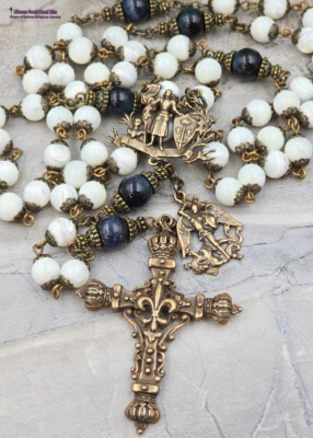 Joan of Arc Michael Antique-Style Rosary-White MOP & Bronze Prayer Beads