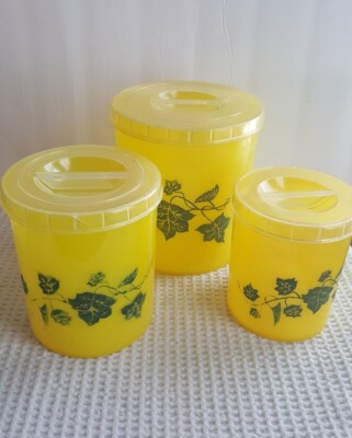 Set of Three Popeil Brothers Plastic Canisters w/Lids Yellow with Ivy Decoration