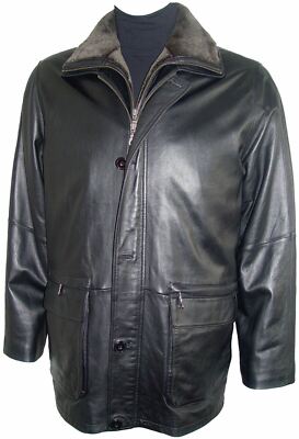 2002 Mens New Soft Black Leather Barn Coat Double Collar Casual Winter Over  Coat