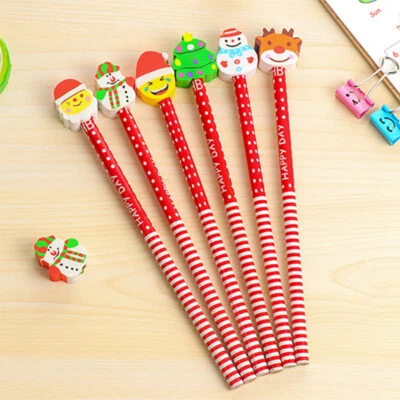 BARGAINS EXPRESS UK 6-100pc Pencils With Cute Christmas Rubber Erasers Toppers Party Gift Bag Filler