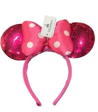 Disney Parks Authentic Minnie Mouse Ears Headband Pink Polka Dot Bow Sequins New