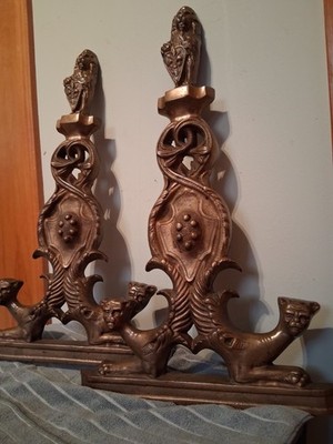 ANDIRONS - (23in) SOLID CAST BRASS Lion Holding Family Crest with Griffins  