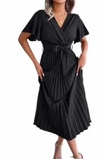 Short Sleeve V-Neck Solid Color Elegant Belted Pleated A Line Dress L