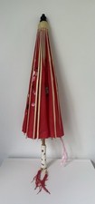 Vtg Chinese Oil Paper Parasol Umbrella Bamboo Red Pink Plum Blossom Floral Bird