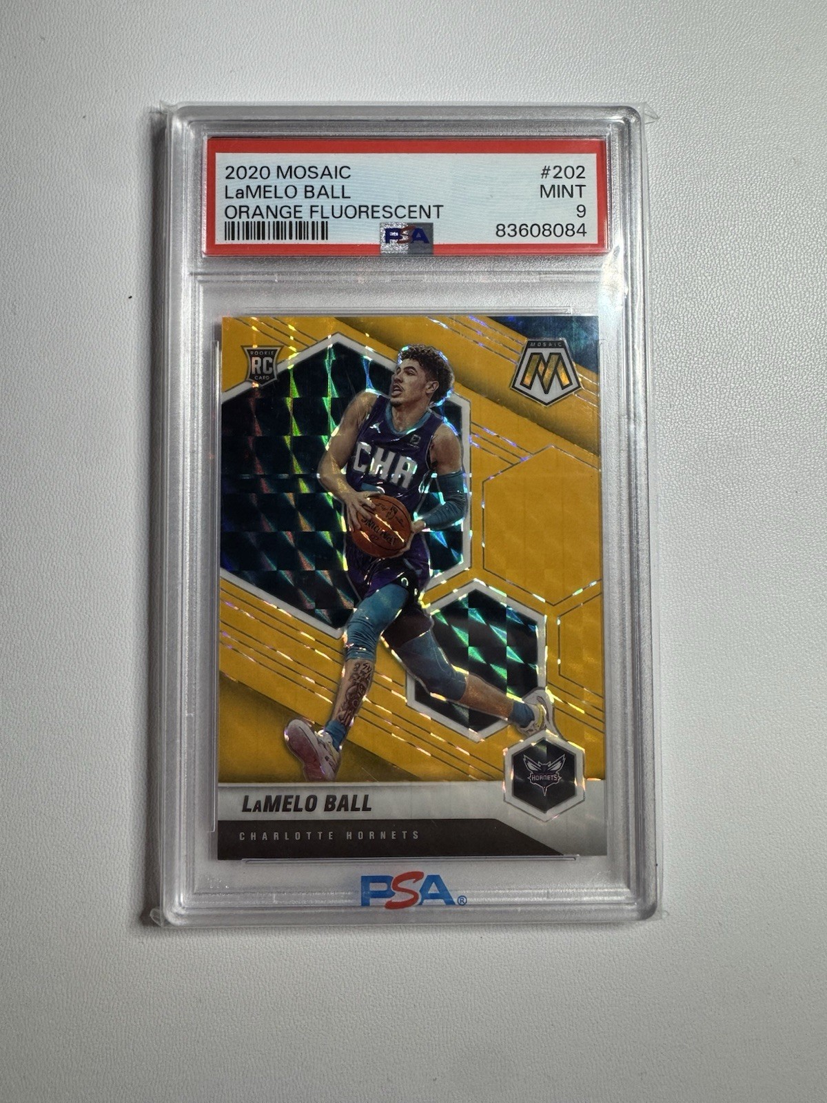 2020-21 Panini Mosaic Lamelo Ball Orange Fluorescent /25 PSA 9 #202 Hornets RC
