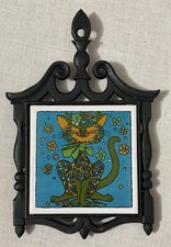 Vtg 60s Holt Howard Flower Power Cat Tile Trivet Black Cast Iron Frame MCM 5081
