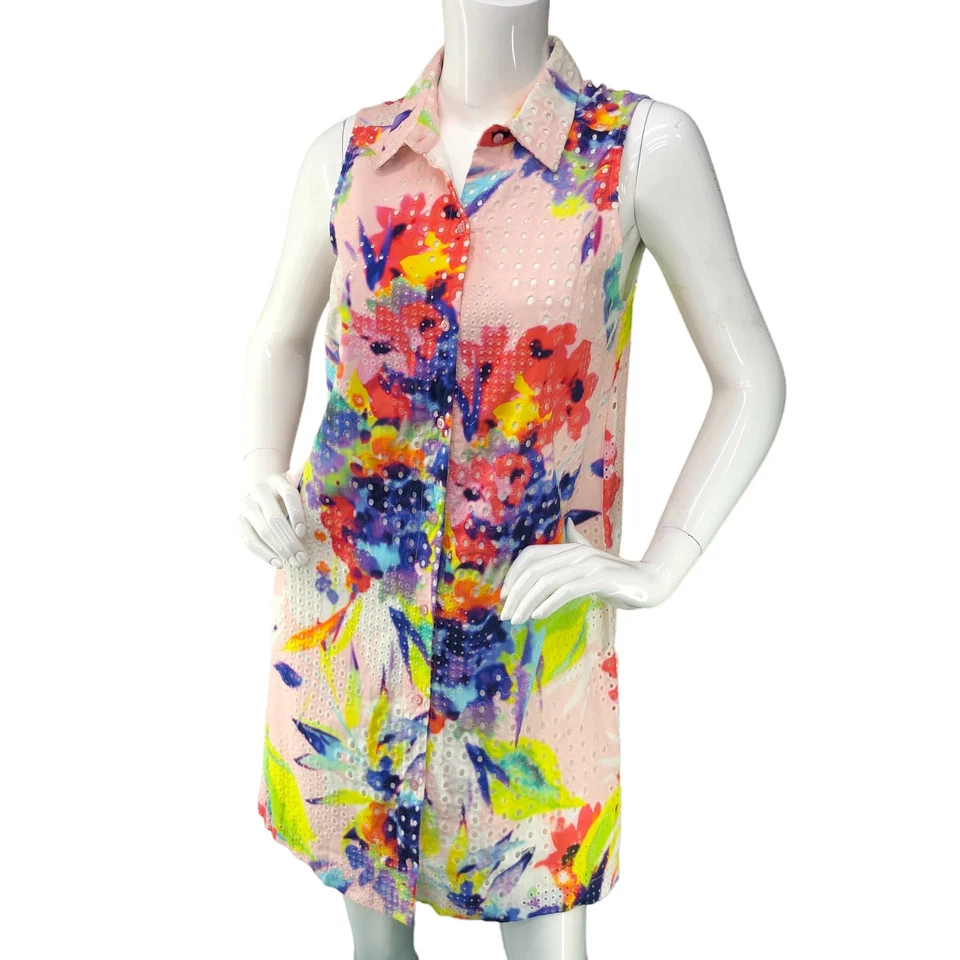 Vestido Camisa Trina Turk Talla 4 Estampado Acuarela Sin Mangas Ojales Encaje Forrado Algodón Foto 2 de 4