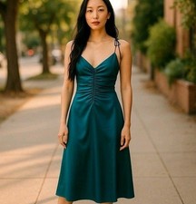 NWT Jason Wu Womens Satin Maxi Dress S Teal Strappy Silky Ruched Bodice Flowy