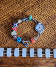 Swap Silver Tone Round Case  Beaded Band And IVORY STONE  Band Watch 7.5 Inch