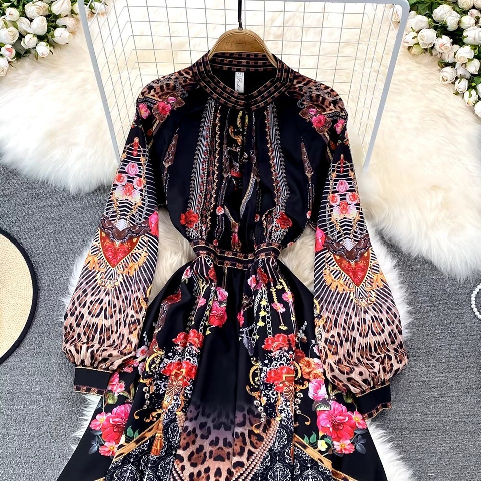 Vintage Women Dress Elegant Long Maxi Dresses Stand Neck Female Boho eBay