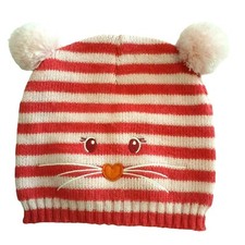 Toddler Girl Kitty Cat Beanie Hat Pink Striped Embroidered Face Pompom Ears