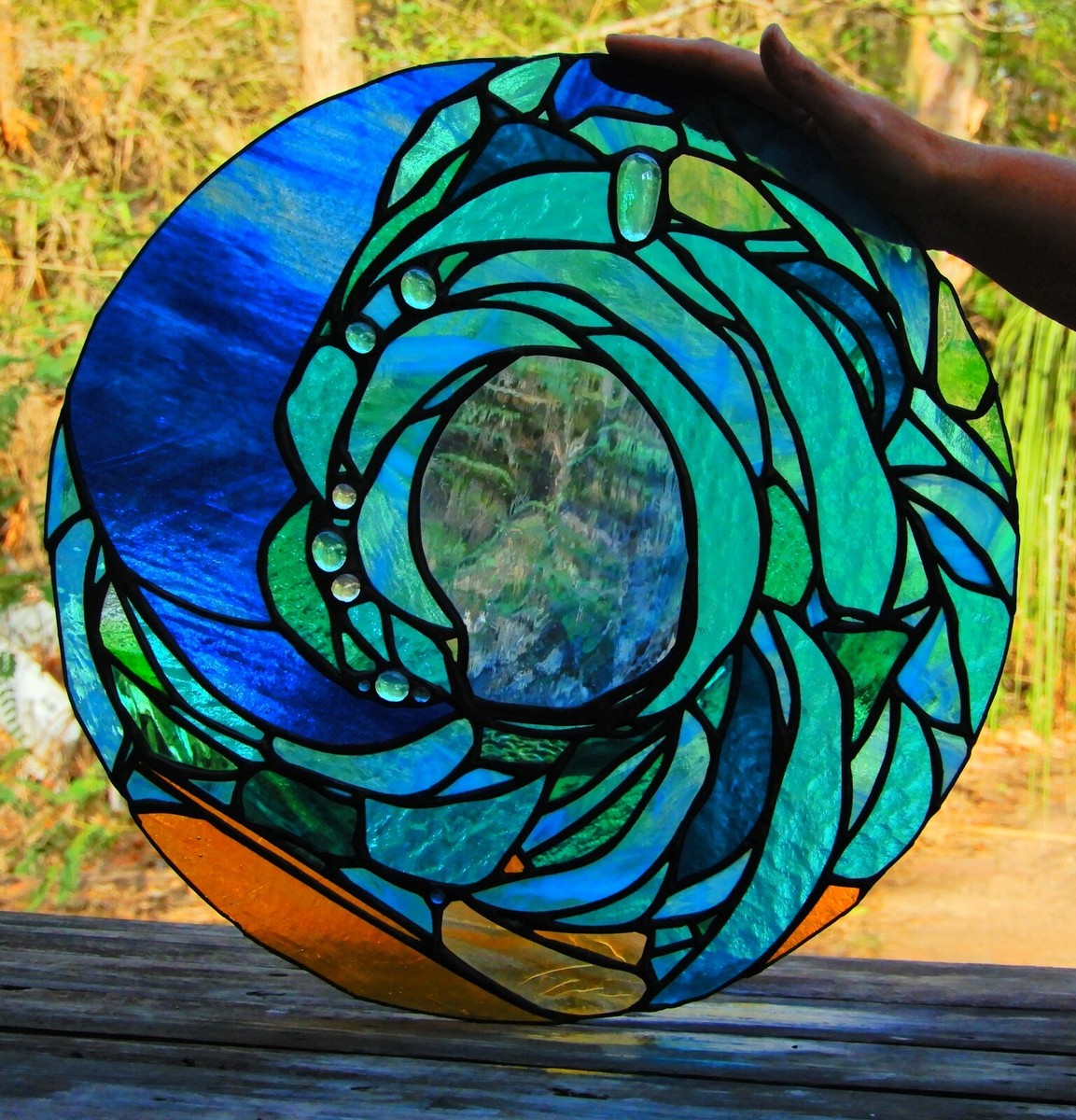 OCEAN WAVE ' ABSTRACT Stained Glass DISK WINDOW or DOOR Blue