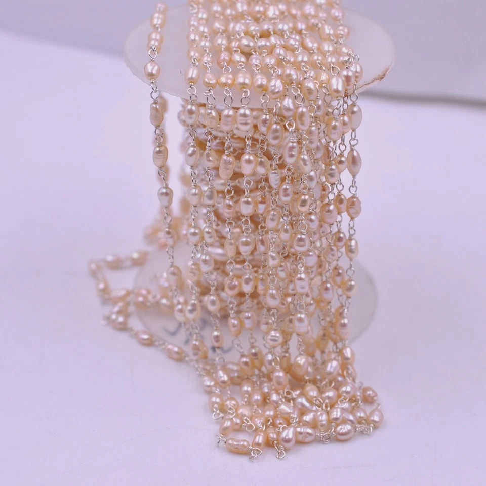 2 meters of Gold Vermeil Finish Pink Pearl Beaded Rosary Sterling Silver Chain - Image 2 of 4