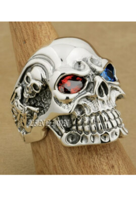 925 sterling silver ring Red Bkue cz etes Titan Skull Ring Mens Biker Ring8v805d