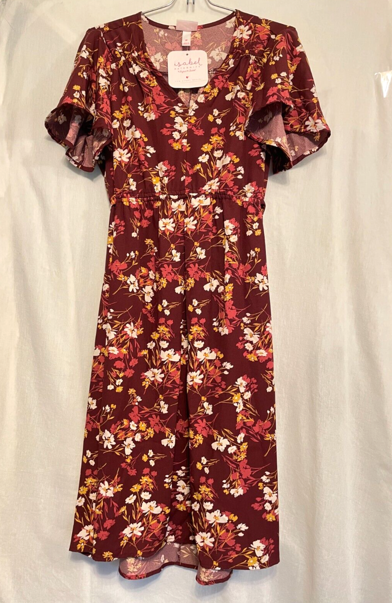 burgundy floral maternity dress Floral Off The Shoulder Ruffle Maternity Dress With Ruched Sides DENIM / LARGE